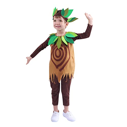 Eghunooye Baumkostüm für Kinder, niedliche Weste und Overall, Blatt-Stirnband für Mädchen, Jungen, Rollenspiel, Bühne, Cosplay, Requisite (Braun, 11–14 Jahre) von Eghunooye