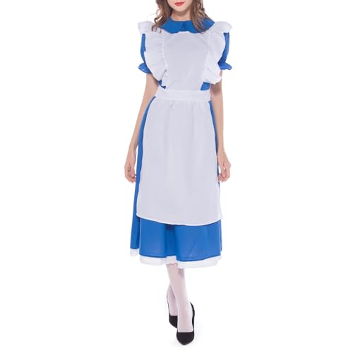 Eghunooye Dienstmädchen-Kostüme für Damen, klassisches Kleid, Schürze und Kopfbedeckung, Set für Halloween, Cosplay, Rollenspiele, Party-Outfits (Blau, L) von Eghunooye