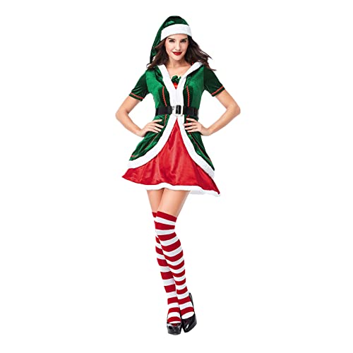 Eghunooye Erwachsene Weihnachtself Kostüm Set Xmas Santa Helfer Kostüm Mit Hut Schuhe Strümpfe Weihnachtself Kostüm Outfit (Grün Frauen Kleid, XL) von Eghunooye