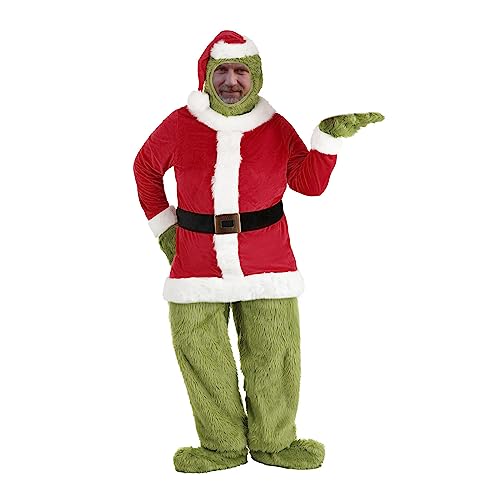 Eghunooye Erwachsenenkostüm, grünes Monster, pelziger Weihnachtsmann-Anzug, Weihnachten, 5-teiliges Kostüm-Set, Weihnachten, Cosplay, Weihnachtsmann-Outfit (Erwachsene, L) von Eghunooye