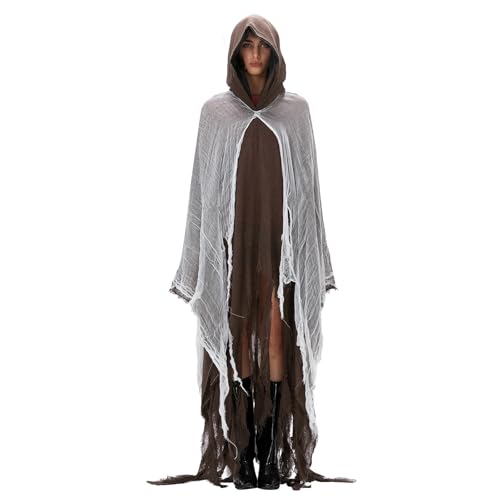 Eghunooye Frauen-Halloween-Reaper-Requisiten, Hexenumhang, mittelalterlicher Kapuzenumhang, Gothic-Kostüm für Halloween-Party (Khaki, Einheitsgröße) von Eghunooye