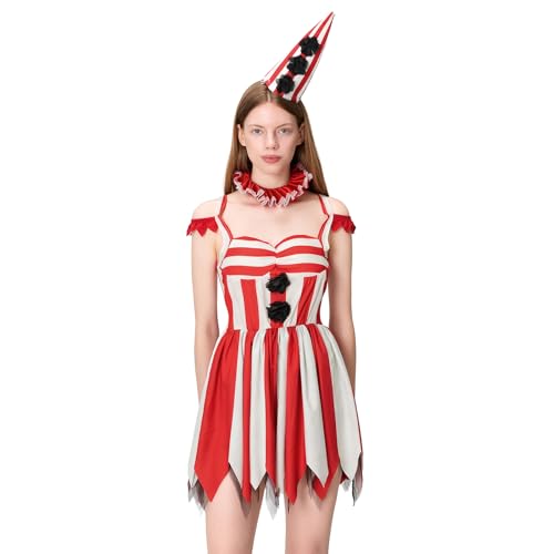 Eghunooye Gruseliges Clown-Kostüm für Damen, gruseliges Killer-Clownkleid, Hut, Handschuhe, Cosplay-Kostüm für Halloween, Bühnenparty (Rot, L) von Eghunooye