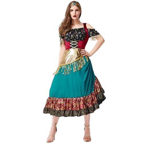 Eghunooye Halloween-Kostüm für Damen, -Kostüm, Pailletten-Quasten, Kleid mit Diamant-Stirnband, Set, Renaissance--Cosplay-Kostüm (Grün, L) von Eghunooye