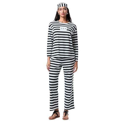 Eghunooye Halloween-Kostüm für Erwachsene, Gefängnis-Top, Hose mit Hut, Handschellen, lustiges Halloween-Jailbird-Kostüm (Schwarz, XL) von Eghunooye