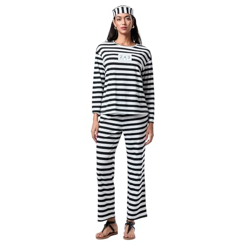 Eghunooye Halloween-Kostüm für Erwachsene, gestreift, Gefängnis-Top, Hose mit Hut, Handschellen, lustiges Halloween-Jailbird-Kostüm (Elfenbein, XL) von Eghunooye