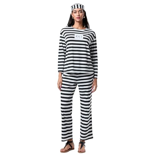 Eghunooye Halloween-Kostüm für Erwachsene, gestreift, Gefängnis-Top, Hose mit Hut, Handschellen, lustiges Halloween-Jailbird-Kostüm (Weiß, XL) von Eghunooye