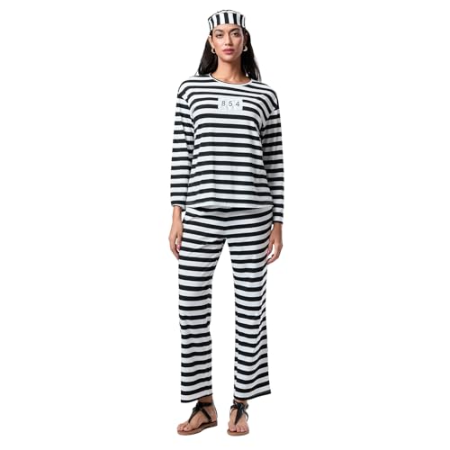 Eghunooye Halloween-Kostüm für Erwachsene, gestreiftes Gefängnis-Top, Hose mit Hut, Handschellen, lustiges Halloween-Jailbird-Kostüm (Grau, XL) von Eghunooye