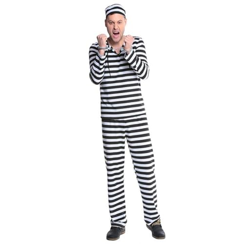 Eghunooye Halloween-Kostüm für Erwachsene, gestreiftes Gefängnis-Top, Hose mit Hut, Handschellen, lustiges Halloween-Jailbird-Kostüm (Herren, L) von Eghunooye