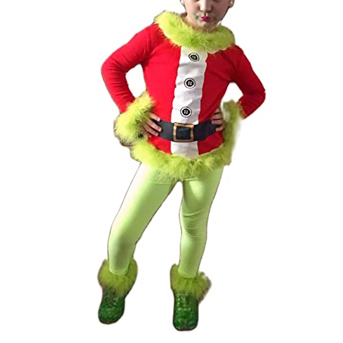 Eghunooye KIds Weihnachtskostüm, Weihnachtsmann-Top, grünes Fell Hose, Anzug, Weihnachten, Halloween-Kostüm, Cosplay-Set (Rot / Grün, 6-7 Jahre) von Eghunooye