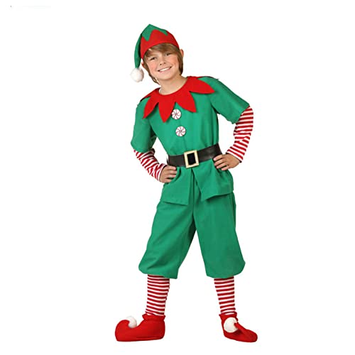 Eghunooye Kinder-Weihnachtselfenkostüm, Weihnachtsmann-Helfer-Overall, Kostüm für Mädchen und Jungen, Weihnachtselfenkostüm, Party-Outfit (grün, 5–6 Jahre) von Eghunooye