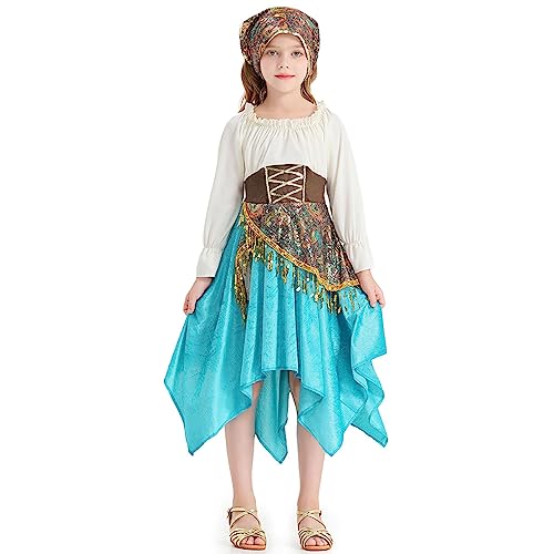 Eghunooye -Kostüm für Kinder, Mädchen, Halloween, Renaissance, Kleid mit Kopftuch, Halloween, mittelalterliches -Kostüm (Himmelblau, 10–12 Jahre) von Eghunooye