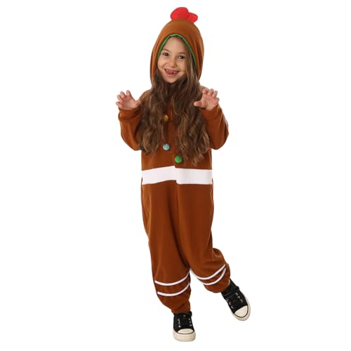 Eghunooye Lebkuchenmann-Kostüm für Weihnachten, mit Reißverschluss, Lebkuchen-Outfit, für Jungen, Mädchen, Cosplay, Urlaub, mit Kapuze (Kamel, XL) von Eghunooye