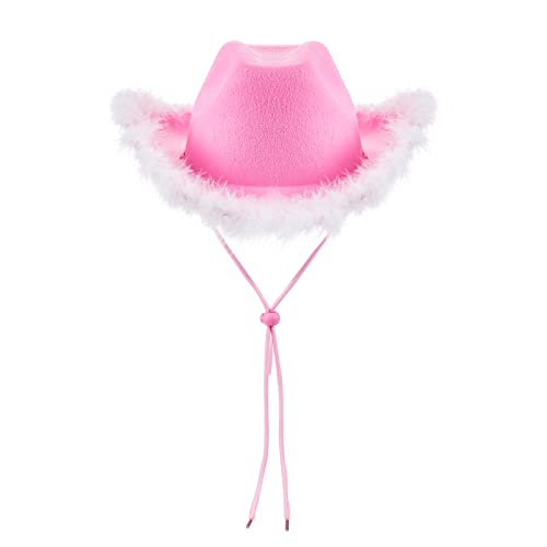 Eghunooye Pinker Cowboyhut mit Feder, flauschige Cowgirl-Hüte für Damen, für Halloween, Weihnachten, Kostüm-Requisiten (10, Einheitsgröße) von Eghunooye