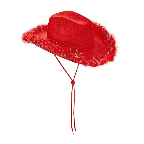 Eghunooye Pinker Cowboyhut mit Feder, flauschige Cowgirl-Hüte für Damen, für Halloween, Weihnachten, Kostüm-Requisiten (16, Einheitsgröße) von Eghunooye