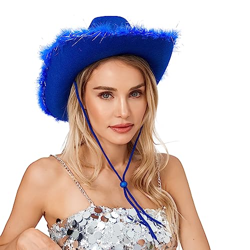 Eghunooye Pinker Cowboyhut mit Feder, flauschige Cowgirl-Hüte für Damen, für Halloween, Weihnachten, Kostüm-Requisiten (18, Einheitsgröße) von Eghunooye