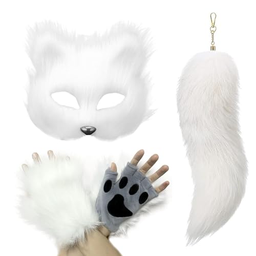 Eghunooye Therian Maske und Schwanz Set für Frauen Halloween Katze Maske Schwanz Cosplay Fuchsmaske Wolfsschwanz Cosplay Kostüm Zubehör (Klar, Einheitsgröße) von Eghunooye