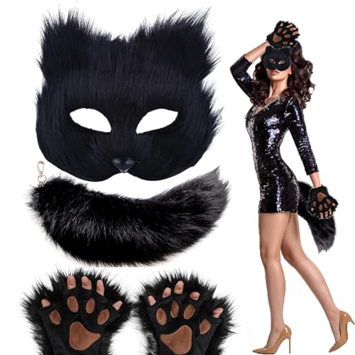 Eghunooye Therian Maske und Schwanz Set für Frauen Halloween Katze Maske Schwanz Cosplay Fuchsmaske Wolfsschwanz Cosplay Kostüm Zubehör (Schwarz, Einheitsgröße) von Eghunooye