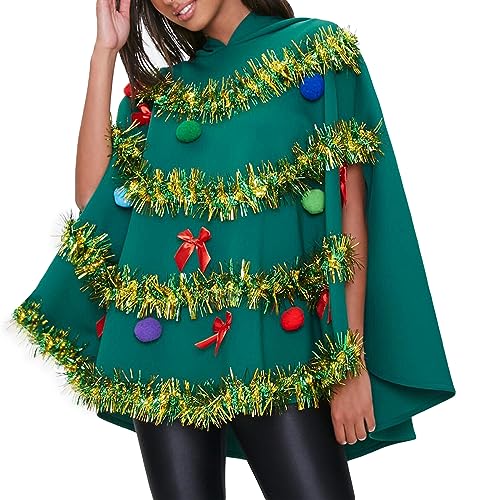 Eghunooye Weihnachtsbaum-Umhang für Damen, Schleife, Ball-Dekor, Kapuzenumhang, Weihnachtsbaumkleid, Kostüm für Cosplay-Party (Grün, M) von Eghunooye