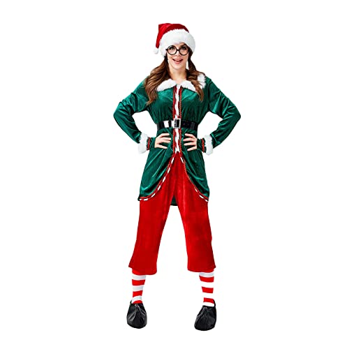 Eghunooye Weihnachtselfenkostüm für Erwachsene, Weihnachtsmann-Helfer-Kostüm mit Hut, Schuhen, Strümpfen, Weihnachtselfenkostüm, Outfit (Grün Damen Hosenanzug1, L) von Eghunooye