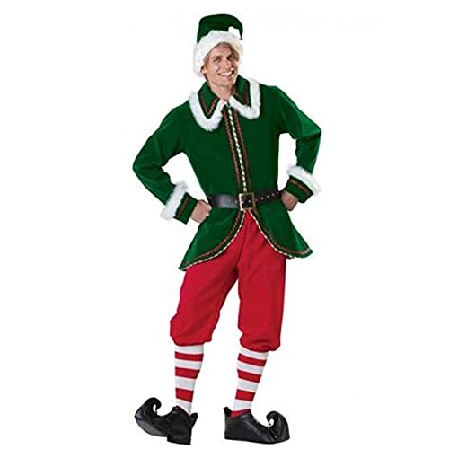 Eghunooye Weihnachtselfenkostüm für Erwachsene, Weihnachtsmann-Helfer-Kostüm mit Hut, Schuhen, Strümpfen, Weihnachtselfenkostüm, Outfit (Grün Herren 1, XXXL) von Eghunooye