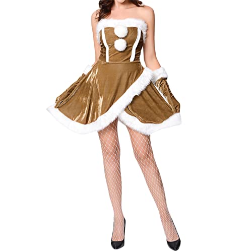 Eghunooye Weihnachtselfenkostüm für Erwachsene, Weihnachtsmann-Helfer-Kostüm mit Hut, Schuhen, Strümpfen, Weihnachtselfenkostüm, Outfit (gelbes Kleid, 3 Stück, L) von Eghunooye