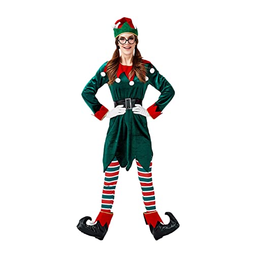 Eghunooye Weihnachtselfenkostüm für Erwachsene Set Xmas Santa Helfer Kostüm mit Hut Schuhe Strümpfe Weihnachtself Kostüm Outfit (Grün Frauen Hosenanzug, L) von Eghunooye