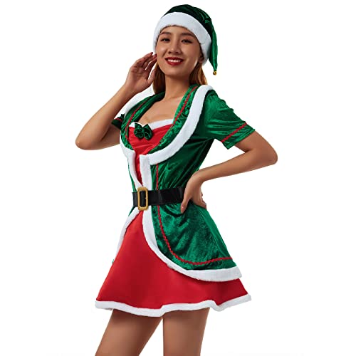 Eghunooye Weihnachtselfenkostüm für Erwachsene Set Xmas Santa Helfer Kostüm mit Hut Schuhe Strümpfe Weihnachtself Kostüm Outfit (Grüne Frau, L) von Eghunooye