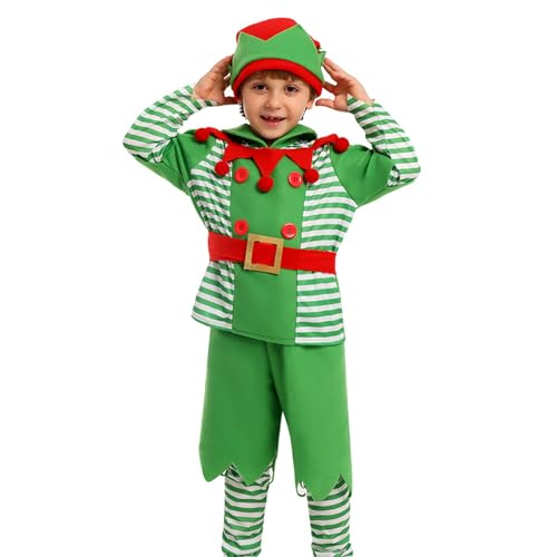 Eghunooye Weihnachtselfenkostüm für Kinder, grün gestreift, Anzug, Beinstulpen, Gürtel, Hut, Weihnachten, Urlaub, Cosplay, Party, Kostüme (Grün, XL) von Eghunooye