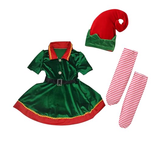 Eghunooye Weihnachtselfenkostüm für Kleinkinder, Mädchen, Samt, Stern, Prinzessinnenkleid mit Hut, Socken, Weihnachten, Urlaub, Kostüm, Outfit (Grün, 1–2T) von Eghunooye