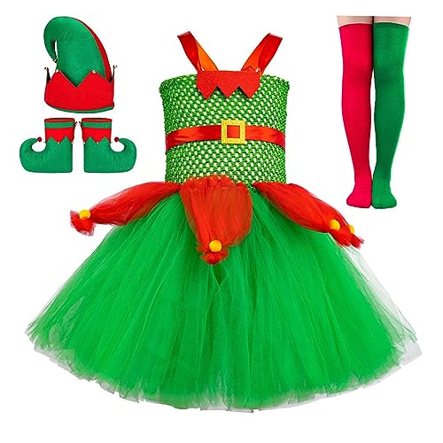 Eghunooye Weihnachtselfenkostüme für Kinder, Mädchen, Tüll, Tutu, Kleid, Hut, Stiefel, Strümpfe, Set, Weihnachtsfeier, Cosplay-Kostüm (Grün, L) von Eghunooye