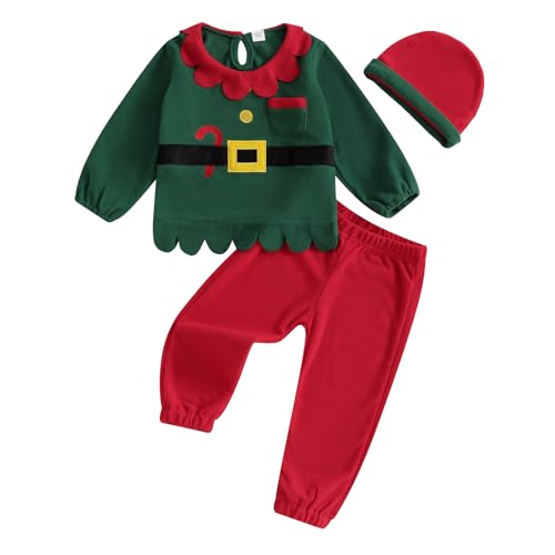 Eghunooye Weihnachtsmann-Kostüm-Set für Kinder, Fleece, langärmelig, Oberteil, elastische Taille, Hose, Hut, Weihnachtsfeier, Cosplay-Kostüm (grün, 18–24 Monate) von Eghunooye