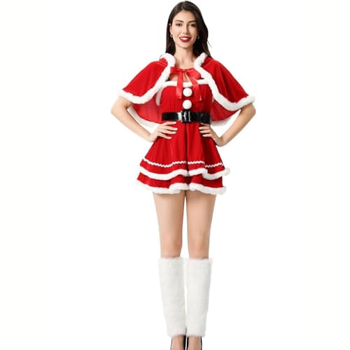 Eghunooye Weihnachtsmann-Kostüme für Damen, Schlauchkleider, mit Kapuze, Schal, Gürtel-Set für Halloween, Cosplay, Rollenspiele, Party, Rot, Größe L von Eghunooye