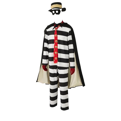 Egxpiujt Herren Hamburgerdieb Cartoon Halloween Cosplay Outfit Gestreifter Einbrecher Erwachsenenkostüm Krempe Hut mit Krawatte und Maske (Weiß, L) von Egxpiujt