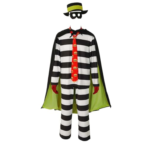 Egxpiujt Herren Hamburgerdieb Cartoon Halloween Cosplay Outfit Gestreifter Einbrecher Erwachsenenkostüm Krempe Hut mit Krawatte und Maske (Weiß, S) von Egxpiujt