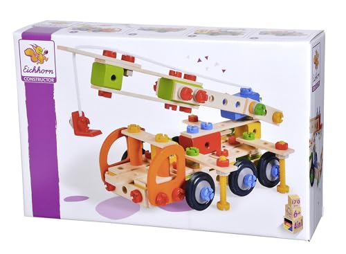 Eichhorn 100039094 Constructor Kranwagen vielseitiges Holzspielzeug, 170 Bauteile, 4 Verschiedene Konstruktionen, FSC 100 Prozent zertifiziertes Buchenholz, für Kinder ab 6 Jahren von Eichhorn