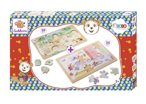 Eichhorn 109245681 - Bobo Siebenschläfer - 2 Puzzle, Steckpuzzle 20 TLG.+ Klassisches Puzzle 24 TLG., mit verschiedenen Schwierigkeitsgraden, 100% FSC zertifiziertes Sperrholz, ab 2 Jahren von Eichhorn