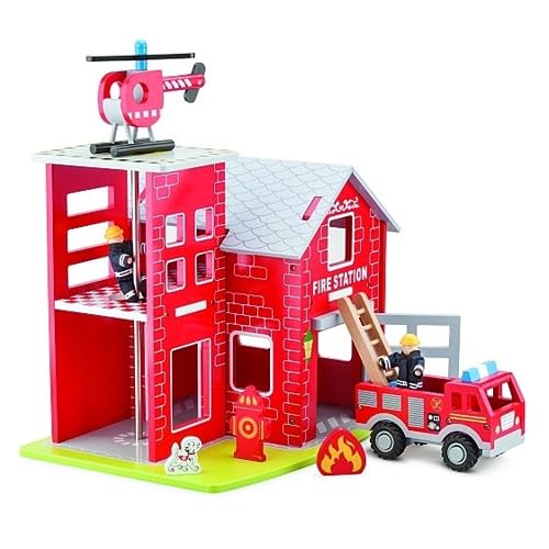 New Classic Toys - 11020 - Feuerwache mit Feuerwehrauto, Helikopter, Feuerwehrmann, Rettungshund, Feuerdisplay und Hydrant, Rot von Eitech