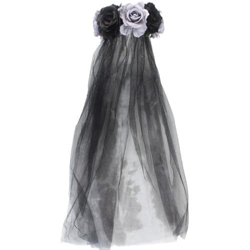 Ekakashop Damen Tag der Toten Haarschmuck mit Rosen und Schleier Kopfschmuck Halloween Kostüm Accessoire Blumen Kranz Schwarz Brautschleier für Festival Karneval Halloween Party von Ekakashop