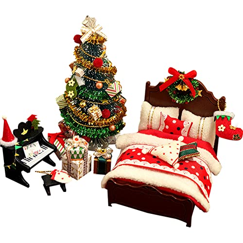 Puppenhaus-Miniatur-DIY-Haus-Kit Miniatur-Puppenhaus DIY handgefertigtes Modell Weihnachtsmöbel Bett Weihnachtsbaum Klavier Geschenk Dekoration tolles Bastelgeschenk für Geburtstag Weihnachten von Ekakashop