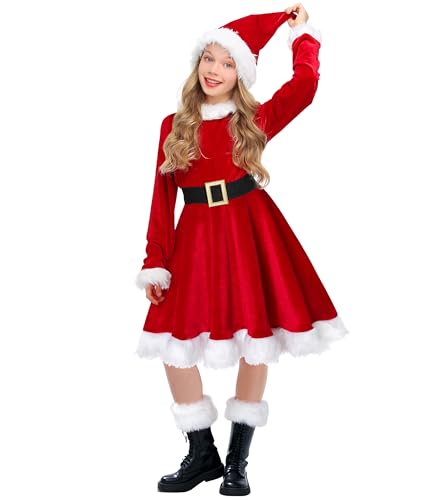 Ekoropshop Mädchen Frau Claus Kostüm Weihnachtskleid Outfit rotes Samtkleid 4-10 Jahre (Rot, 9-10 Jahre) von Ekoropshop