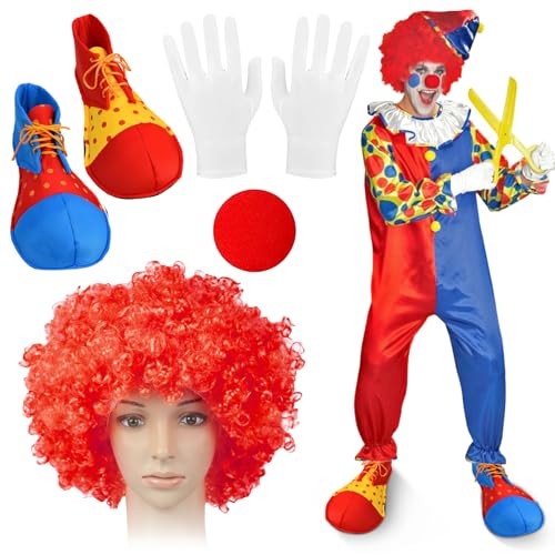 4 Stück Clown Kostüm Erwachsene Set, Clown Kostümzubehör, Lockenperücke Clown Perücke, Clown Schuhe, Clown Nase Rot, Weiß Handschuhe, für Halloween, Fasching, Zirkus Requisiten, Karneval Cosplay von Ekukeon