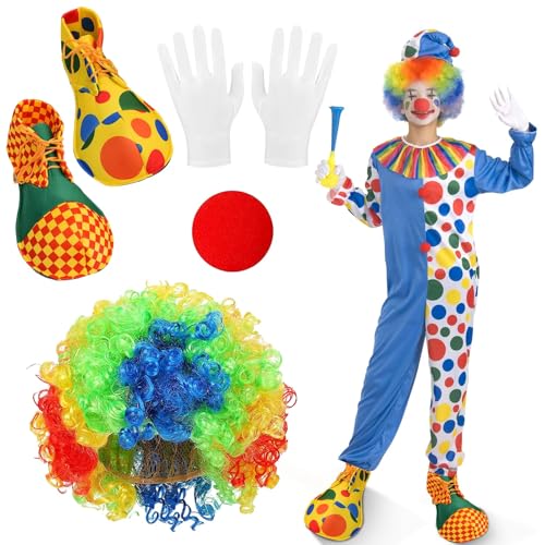 4 Stück Clown Kostüm Erwachsene Set, Clown Kostümzubehör, Lockenperücke Clown Perücke, Clown Schuhe, Clown Nase Rot, Weiß Handschuhe, für Halloween, Fasching, Zirkus Requisiten, Karneval Cosplay von Ekukeon