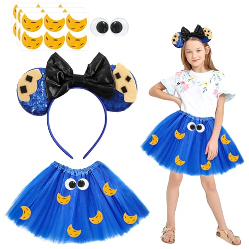 Ekukeon Cookie Monster Kostüm Damen Mädchen,Krümelmonster Kostüm,Tüll Rock+Cookie Keks Monster Haarreif+Kulleraugen Aufkleber+Cookie Aufkleber,für Fasching Karneval Halloween Maskerade Cosplay (Kind) von Ekukeon