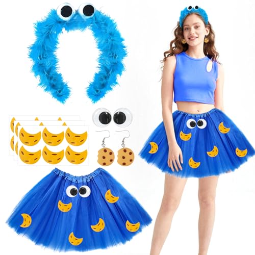 Ekukeon Cookie Monster Kostüm Damen Mädchen,Krümelmonster Kostüm,Tüll Rock+Cookie Keks Monster Haarreif+Kulleraugen Aufkleber+Cookie Aufkleber,für Fasching Karneval Halloween Maskerade Cosplay von Ekukeon