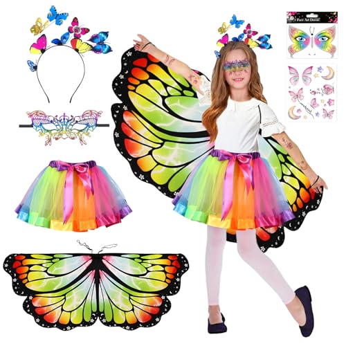 Schmetterlingsflügel Kinder,6 Stück Schmetterling Kostüm Kinder,mit Schmetterling Flügel Kostüm,Schmetterling Haarreif,Tutu Rock,Maske,Tattoos und Aufkleber,Kinder Karneval Fasching Mottoparty Cosplay von Ekukeon