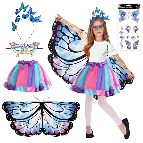 Schmetterlingsflügel Kinder,6 Stück Schmetterling Kostüm Kinder,mit Schmetterling Flügel Kostüm,Schmetterling Haarreif,Tutu Rock,Maske,Tattoos und Aufkleber,Kinder Karneval Fasching Mottoparty Cosplay von Ekukeon