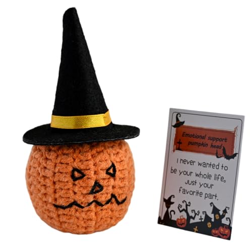 Eladcncmc Handgefertigter gestrickter Kürbiskopf mit positiven Nachrichtenkarten, Halloween-Festivals, gehäkelte Kürbispuppen, Ornament zum Verschenken von Eladcncmc