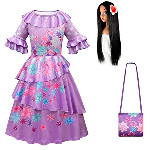 Eleasica Kinder Encanto Isabella Kleid für Prinzessin Mädchen Kostüm für Halloween Verkleidung mit Zubehör Tasche und Perücke Geburtstag Weihnachten Karneval Fest,Violett,100 von Eleasica