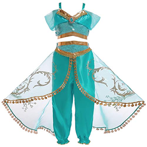 Eleasica Kinder Prinzessin Jasmin Kleid Mädchen Aladdin Kostüm Top Hose Verkleidung Geburtstagsgeschenk Weihnachten Fasching Halloween Tanzen Arabisch Cosplay,Grün,100 von Eleasica