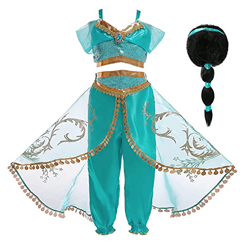 Eleasica Kinder Prinzessin Jasmin Kleid Mädchen Aladdin Kostüm Top Hose Verkleidung Geburtstagsgeschenk Weihnachten Fasching Halloween Tanzen Arabisch Cosplay,Perücke,110 von Eleasica